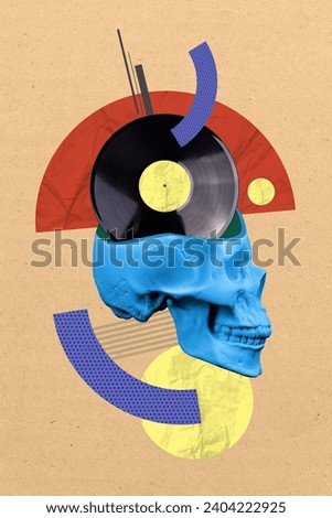Creative picture collage of painted skeleton guy head halloween party with old school music vinyl disc isolated on beige background