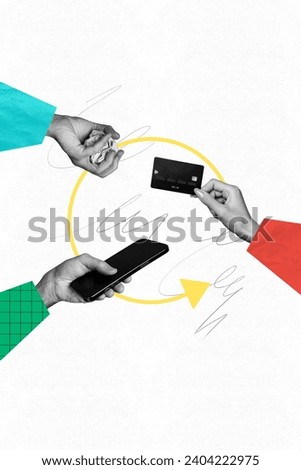 Vertical collage creative illustration surrealism caricature hands cycle buy give crumple hold mobile teamwork competitors colorful sketch Royalty-Free Stock Photo #2404222975