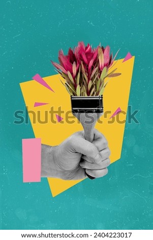 Creative trend collage of hand hold brush painting flowers drawing bloom florist artist artwork billboard comics zine minimal