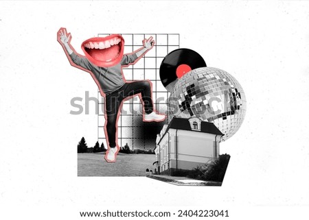 Creative illustration drawing collage picture funny funky man dancer mouth instead head have fun club event festive party ball