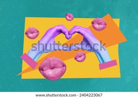 Creative drawing collage picture of hands showing heart gesture woman pouted lips kiss valentine day billboard comics zine minimal