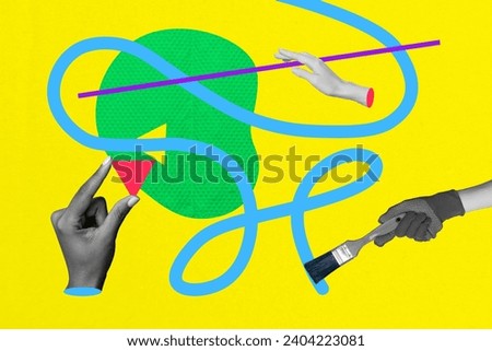 Picture collage sketch of person drawing masterpiece isolated on painted colorful background