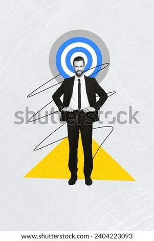Vertical creative photo collage of confident businessman standing with hands on waist ambitious reach goal on drawing grey background