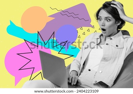 Photo collage of young funny unemployed girl staring when recruiter send her job offer with low salary isolated on yellow background Royalty-Free Stock Photo #2404223109