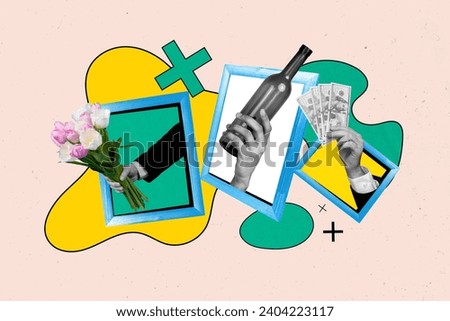 Collage picture of black white colors arms inside photo frame hold flowers wine bottle dollar bills isolated on beige background