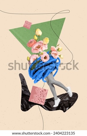 Creative photo collage illustration headless lady pink roses instead of head wrapped rope her body isolated on beige color background