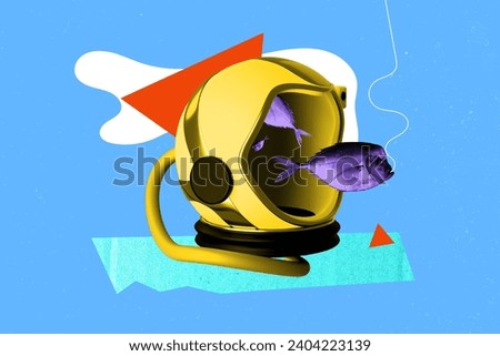 Composite exclusive collage picture metal cosmonaut helmet on bottom of ocean catching wild fish isolated over blue color background