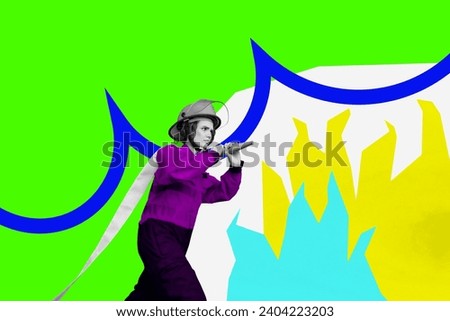 Collage picture of black white colors confident girl fire fighter painted flame fire isolated on vibrant green background