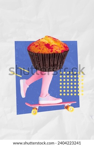 Picture collage image of female feet on skateboard tasty chocolate muffin isolated on drawing background
