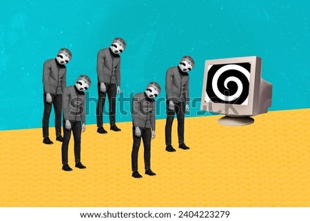 Horizontal caricature collage of bunch of headless people with sloth head instead controlled by propaganda hypnosis on textured background