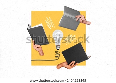 Collage picture illustration three arms people hold take copybook notes book read verify information idea lightbulb white background