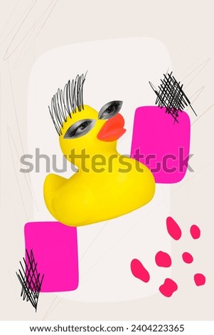 Vertical collage picture of bath rubber yellow duck painted hair human eyes isolated on creative beige background