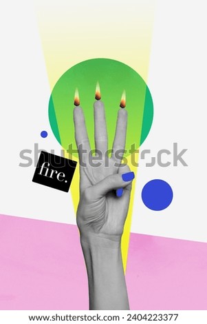 Vertical collage of black white effect arm demonstrate count three fingers fire flame isolated on creative background