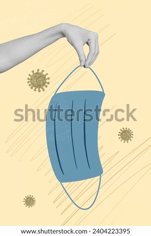 Vertical collage image of black white effect arm fingers hold facial safety mask flying virus bacteria isolated on beige background