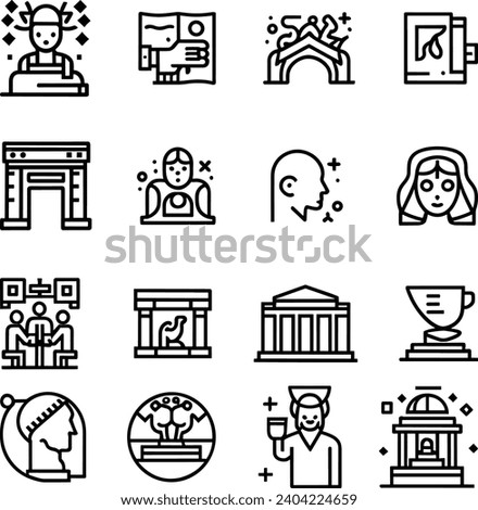 Black and white Simple Set of Museum Related Vector Line Icons. Contains such Icons as Tourist Group, Sculpture, Art Gallery and more