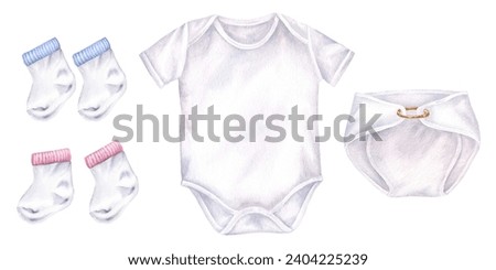 Baby clothes Set. Watercolor illustration of bodysuit with diaper and socks. Hand drawn clip art on white isolated background. Drawing of kids wear for shower party decorations