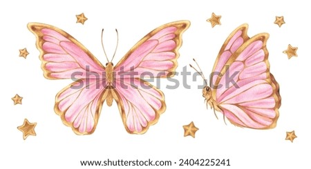 Butterfly Set Watercolor illustration. Hand drawn clip art on white isolated background. Drawing of insect with pink and gold wings. Painting of flying moth for baby birthday decorations