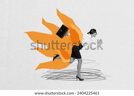 Creative collage picture illustration black white effect excited smile successful young lady deadline hurry speed run sketch template