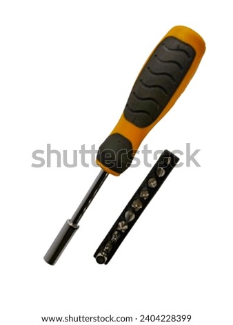 A screwdriver with various head sizes to fit different screw types and sizes, facilitating maintenance. Isolated picture on white background.