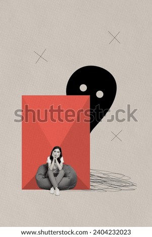 Creative drawing collage picture of sit beanbag girl tangled negative thoughts depression monster bizarre unusual fantasy billboard comics