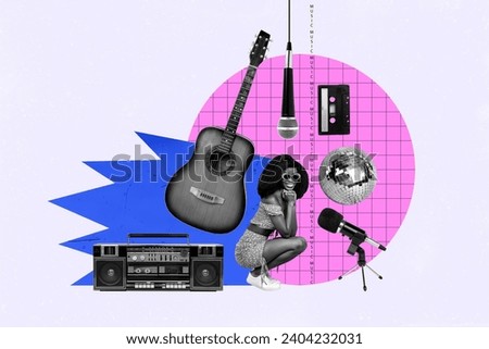 Collage photo illistration poster funky young girl 90s retro stylish club music equipment guitar microphone boombox discoball party Royalty-Free Stock Photo #2404232031