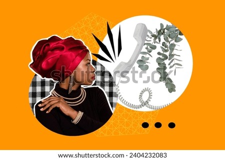 Composite collage image of attractive african female retro phone talking connection bizarre unusual fantasy billboard comics