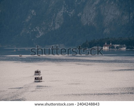 View from the Berchtesgaden Malerwinkel across the Kingslake with its electro boat traffic