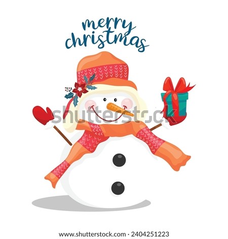 Smiling snowman character with prize in hand