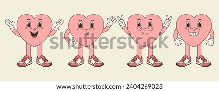Vector set of Valentine's Day red groovy hearts in trendy retro 70s style. Vector illustration