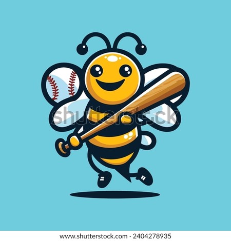 HAPPY BEE BASEBALL ILLUSTRATION VECTOR IN WHITE, BLUE, YELLOW AND BROWN WITH SKY BLUE BACKGROUND
