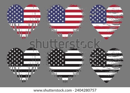 set of USA flag in heart shape, American Flag Silhouette, grunge USA flag set vector, grunge, silhouette, independence, flag silhouette