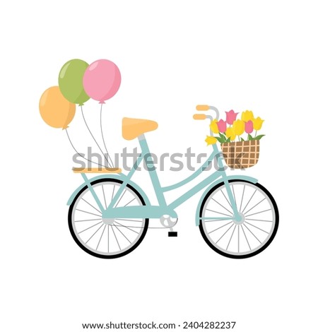 Cute romantic blue bicycle with balloons and a basket of tulips. Isolated on white background. Vector flat illustration. Retro bicycle with spring flowers. 