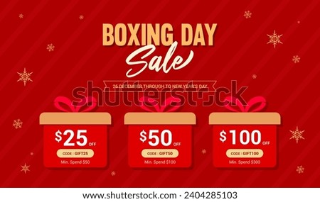 Boxing day sale coupon template vector illustration. Gift box promotion on red diagonal lines pattern
