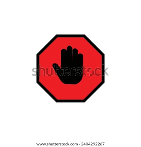  Red stop sign icon with black  hand  palm flat vector icon for apps and websites.