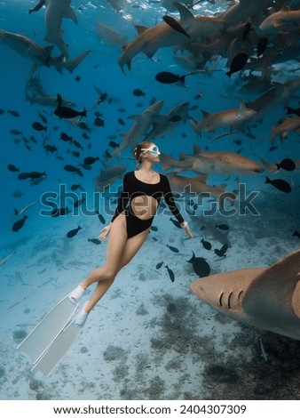 Slim woman freediver in a clear tropical water with nurse sharks in Maldives Royalty-Free Stock Photo #2404307309