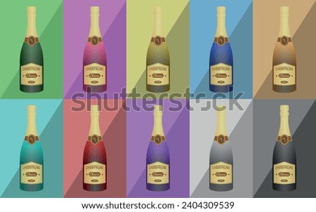 Illustrations of 10 Bottles of Champagne, Various Colors, Green, Pink, Gold, Blue, Red, Black and more... Cheers, Happy New Year
