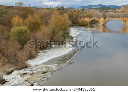The river Ebro in the Rioja region of Spain bursting its banks water flooding down onto trees
