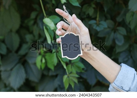 Hand holding Chalkboard label, blank wooden blackboard tag, garden sign on green leaves wall background