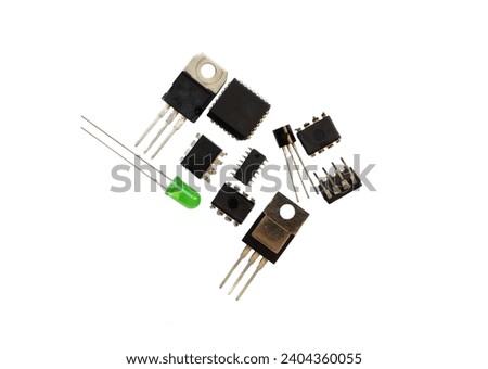 Electronic semiconductor components. Integrated circuits, transistors, light emitting diode. Royalty-Free Stock Photo #2404360055