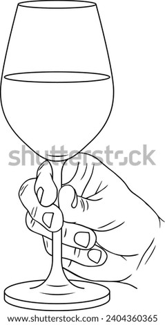 Hand holds a glass with wine or champagne, vector linear illustration