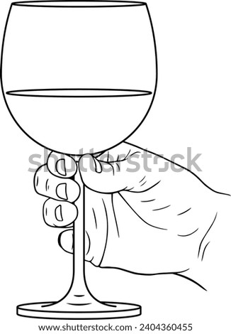 Hand holds a glass with wine or champagne, vector linear illustration