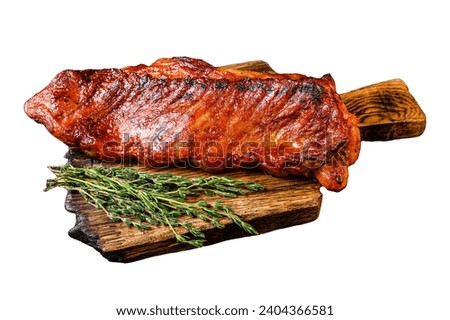 Grilled in bbq sauce veal short spare rib meat Isolated on white background, top view. Royalty-Free Stock Photo #2404366581