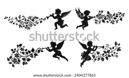Love Blossoms: Silhouette Clip Art of Cupid and Blooming Flower for Valentine's Day