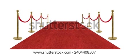 Perspective view red velvet rope barrier and golden poles and red carpet isolated on white background Royalty-Free Stock Photo #2404408507