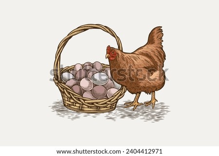 vector illustration of a hen and a basket of eggs in silhouette style