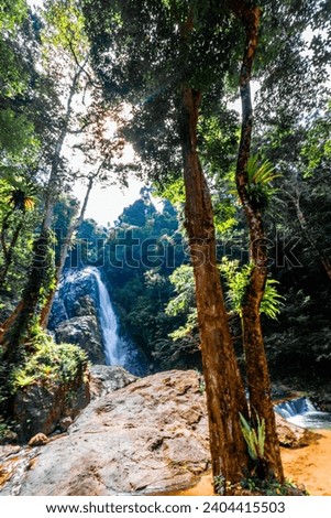 Background of a natural waterfall with cool water flowing from high mountains, Punyaban Waterfall Lamnam Kraburi National Park in Ranong Province, Thailand