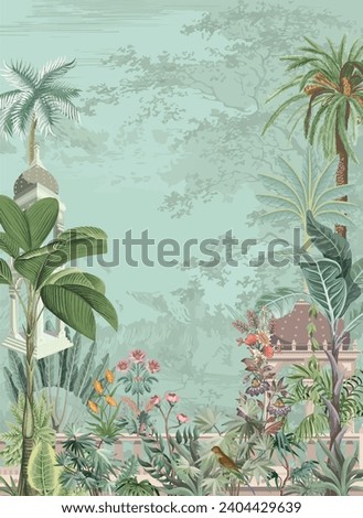 Traditional Mughal forest garden vector illustration pattern, Jangle wallpaper with tropical plant, watercolor plant.