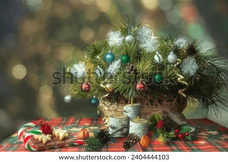 Still life with Christmas tree and decorations