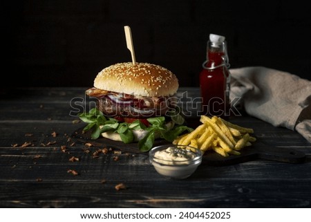 high angle burger with fries sauces table. Resolution and high quality beautiful photo
