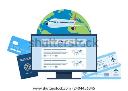 Online booking of flight tickets on the flight search site. Computer, air tickets and baggage, planet Earth and plane. Travel, journey, business trip. Vector illustration